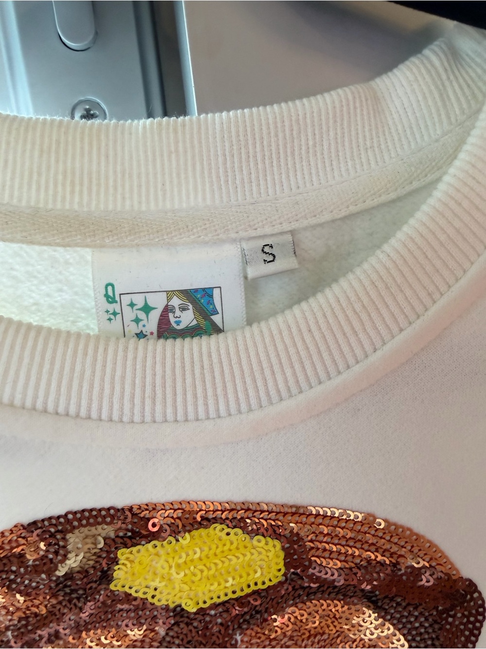 QUEEN OF SPARKLES White Sequin Breakfast Motif Sweatshirt - Picture 3 of 3